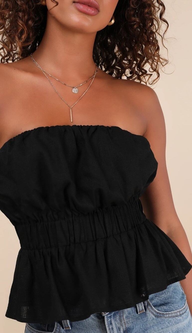 Lulus Peplum Blouson Black Linen Blend Cropped Top Size S